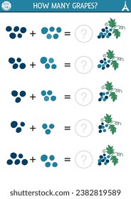 How many grapes game. Math addition activity for preschool children with berry. Simple fruit printable counting worksheet for kids. Funny mathematics page for kids
