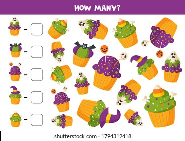 How many Halloween cupcakes are there. Count and circle right answer. Math game for kids. Printable worksheet.