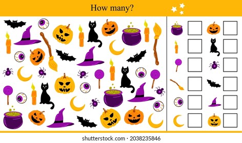 How many Halloween elements? Educational game for children. Autumn vector illustration