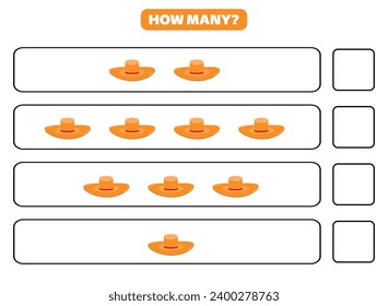 How many hat are there? Educational worksheet design for children. Counting game for kids.