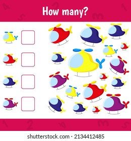 How many helicopters are there. Count the number of helicopters. Math worksheet for kids.