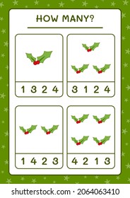 How many holly berry, game for children. Vector illustration, printable worksheet