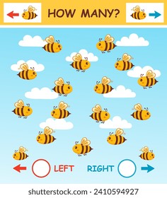 Cuántas abejas vuelan a la izquierda, dirección derecha, juego de rompecabezas educativo para niños matemáticos. Matemáticas contando número de abejas, insecto de avispa. Niños aprendiendo orientación espacial. Tarea lógica preescolar. Vector 