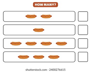 How many hot dog are there? Educational worksheet design for children. Counting game for kids.