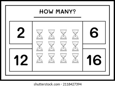 How many Hourglass, game for children. Vector illustration, printable worksheet