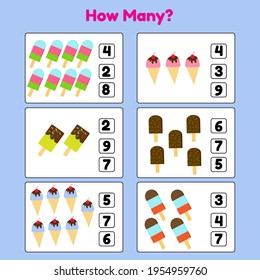 How many Ice Cream Counting game for kids Illustration Vector. Perfect for Children Math Game