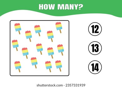 How many ice cream are there? Educational math game for kids. Printable worksheet design for preschool or elementary kids.