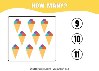 How many ice cream are there? Educational math game for kids. Printable worksheet design for preschool, kindergarten or elementary kids.