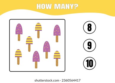 How many ice cream are there? Educational math game for kids. Printable worksheet design for preschool, kindergarten or elementary kids.