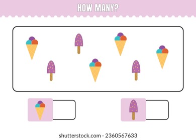How many ice cream are there? Educational math game for kids. Printable worksheet design for preschool, kindergarten or elementary kids.