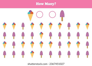 How many ice cream are there? Educational math game for kids. Printable worksheet design for preschool, kindergarten or elementary kids.