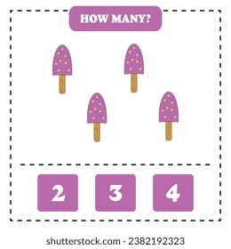 How many ice cream are there? Educational worksheet design for children. Counting game for kids.