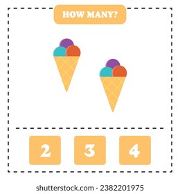 How many ice cream are there? Educational worksheet design for children. Counting game for kids.