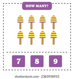 How many ice cream are there? Educational worksheet design for children. Counting game for kids.