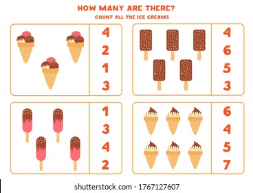 How many ice creams are there. Count the amount of sweets and circle the right answer. Math game for kids. Educational worksheet for children. 