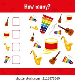 How many instruments are there. Count the number of instruments. Math worksheet for kids.