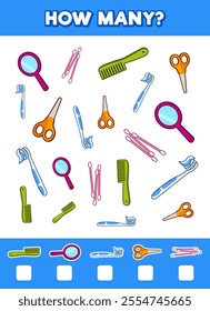 How many items. Hygiene and personal care accessories. Cute cartoon illustration. Isolated on white background.