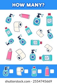 How many items. Hygiene and personal care accessories. Cute cartoon illustration. Isolated on white background.