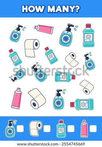 How many items. Hygiene and personal care accessories. Cute cartoon illustration. Isolated on white background.