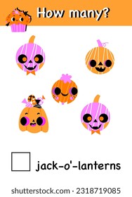 How many jack-o-lanterns holiday October autumn pumpkin decoration halloween cute cartoon illustration activity game puzzle preschool printable math travel logic page.