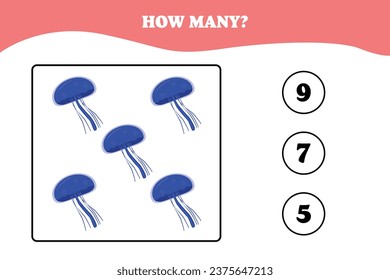 How many jellyfish are there? Educational math game for kids. Printable worksheet design for preschool or elementary kids. Activities for children.