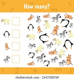 How many jungle animals are there. Count the number of animals. Math worksheet for kids. Penguin