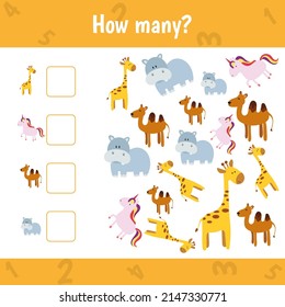 How many jungle animals are there. Count the number of animals. Math worksheet for kids.