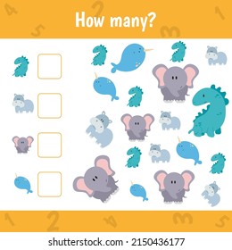 ¿Cuántos animales hay en la jungla? Cuenta el número de animales. Hoja de cálculo matemática para niños.