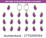 How many kawaii eggplants go to the left and to the right. Count and write down the correct answer. Educational game for kids. Spatial orientation for children.