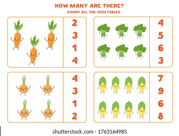 How many kawaii vegetables are there. Count the amount of vegetables and circle the right answer. Educational worksheet for kids. Math game for kids.