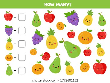 How many kawaii vegetables are there. Count the amount and write down the answer. Educational math game for kids. Activity page for children.