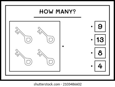 Cuántos Key, juego para los niños. Ilustración del vector, hoja de cálculo imprimible