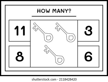 How many Key, game for children. Vector illustration, printable worksheet