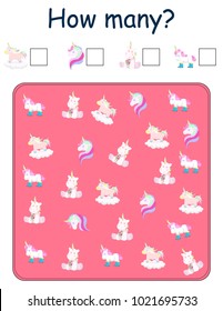 How many kids game. Preschool Kindergarten worksheet. Cute unicorns Illustration.