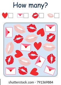 How many kids game. Preschool Kindergarten worksheet. Valentines day Illustration.