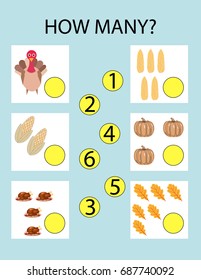 How Many Kindergarten Worksheet. Kids Printable Game. Funny Thanksgiving Kids Game. Vector Illustration.