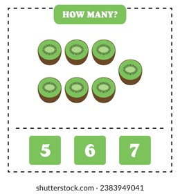 How many kiwi are there? Educational worksheet design for children. Counting game for kids.