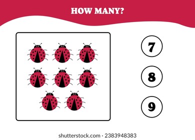 How many ladybug or ladybird are there? Educational worksheet design for children. Counting game for kids.