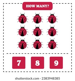 How many ladybug or ladybird are there? Educational worksheet design for children. Counting game for kids.