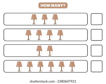 How many lamp are there? Printable worksheet design for children. Counting game for kids.