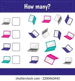 How Many Laptops Are There. Count The Number And Write. Math Worksheet For Kids.