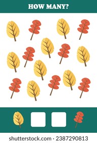 How many leaf are there? Educational math game for kids. Printable worksheet design for preschool, kindergarten or elementary students. Learning mathematic. Counting exercise.