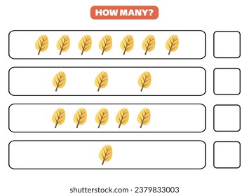 ¿Cuántas hojas hay? Diseño de hojas de cálculo educacionales para niños. Juego de conteo para niños.
