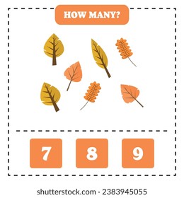 How many leaf are there? Educational worksheet design for children. Counting game for kids.