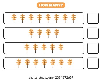 How many leaf are there? Educational worksheet design for children. Counting game for kids.