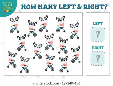 How many left and right cartoon panda on bicycle kids counting game vector illustration. Development activity for preschool children with counting objects 