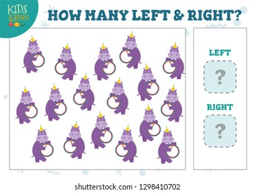 How many left and right cartoon hippos kids counting game vector illustration. Development activity for preschool children with counting objects 