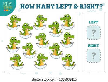 How many left and right cartoon crocodile in the egg kids counting game vector illustration. Development activity for preschool children with counting objects 