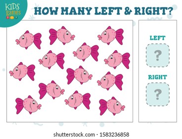 How many left and right cartoon fish kids counting game vector illustration. Development activity for preschool children with counting objects 