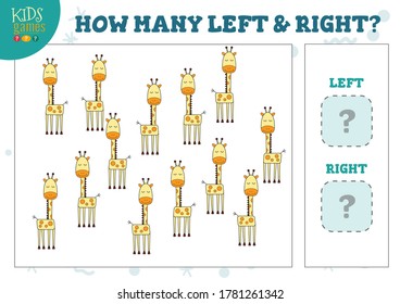 How many left and right cartoon giraffe counting game vector illustration. Development activity for preschool children with counting objects
